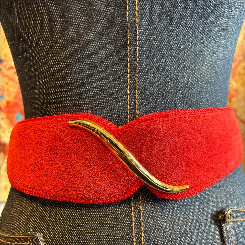 Amazing Vintage Red Suede Belt with Gold Accent